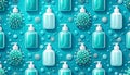 Seamless pattern of hand sanitizer bottles and virus cells on blue background Royalty Free Stock Photo
