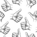 Seamless Pattern hand showing symbol Like. Making thumb up gesture. Royalty Free Stock Photo