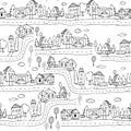 Seamless pattern with hand town design. Black and white ink background with Hand drawn houses and trees.