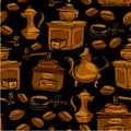 Seamless pattern with handdrawn coffee cups, beans