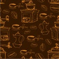 Seamless pattern with handdrawn coffee cups, beans