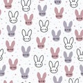 Seamless Pattern Handdrawn Cute Bunnys head,