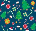 Seamless pattern with handdrawn cute chistmas trees and gifts. Vector flat cartoon illustration