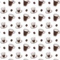 Seamless pattern with handdrawn espresso cups and coffee mugs on white background. Vector outline style print. Royalty Free Stock Photo