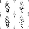 Seamless pattern Handdrawn rocket doodle icon. Hand drawn black sketch. Sign symbol. Decoration element. White background.