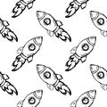 Seamless pattern Handdrawn rocket doodle icon. Hand drawn black sketch. Sign symbol. Decoration element. White background.