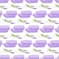 Seamless pattern with Handmade natural Lavender soap. Soap bars with lavender grass. Vector flat Illustration for Royalty Free Stock Photo