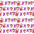 Seamless pattern of handmade watercolor lettering hoho with a heart and a child's palm on a white background. Hand Royalty Free Stock Photo
