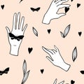 Seamless pattern with hands, butterflies, heart and leaves