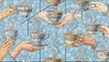 Seamless pattern with hands holding steaming cups, mosaic style, blue background Royalty Free Stock Photo