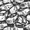 Seamless pattern with handwritten cars. Vector illustration.