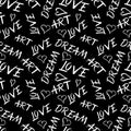 Seamless pattern with handwritten letters, words Love, Art, Dream and hearts on black background. Royalty Free Stock Photo