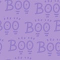 Seamless pattern with handwritten text - Boo. Lettering repeating doodle texture for halloween. Violet creative vector background