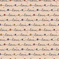 Seamless pattern with handwritten word LOVE and rainbow hearts. Vector background Royalty Free Stock Photo