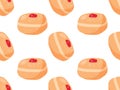 Seamless pattern with Hanukkah bakery doughnut. Cartoon flat vector illustration with Traditional Chanukah donuts
