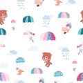 Seamless Pattern with Happy Animals flying with Colorful Parachutes in the Sky Royalty Free Stock Photo