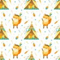 Seamless pattern with happy baby fox with wigwam and other Native American items.