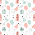 Seamless pattern Happy Birthday. Cakes, balloons, gift boxes and party hats. Festive background in simple styler Royalty Free Stock Photo