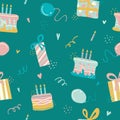 Seamless pattern with Happy Birthday`s cakes, pies and gifts. Hand drawn sweet bakery products in sketchy style on the white backg Royalty Free Stock Photo