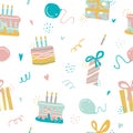 Seamless pattern with Happy Birthday`s cakes, pies and gifts. Hand drawn sweet bakery products in sketchy style on the white backg Royalty Free Stock Photo