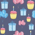 Seamless pattern of with Happy Birthday's cakes, pies, tarts, with candle balloons gifts. background for birthday, gift Royalty Free Stock Photo