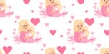 Seamless pattern with happy blonde woman mother with fair-haired daughter in pink on white background with hearts