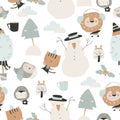 Seamless Pattern with Happy Cartoon Animals meeting Winter Holidays on White Background Royalty Free Stock Photo