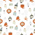 Seamless Pattern with Happy Cartoon Animals in Winter Forest Royalty Free Stock Photo