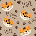 Seamless pattern with happy Chines tiger, asian new year, wild animal in a flat style isolated on a beige background.