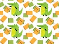 Seamless pattern with Happy crocodile carrying Shopping Packages. Cartoon funny crocodile happy after successful shoping