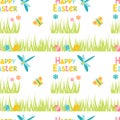 Seamless pattern Happy easter with colorful butterfly, flower, eggs, dragonfly isolated on white background. Royalty Free Stock Photo