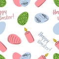 Seamless pattern with happy easter eggs with ornament, candle. Pastel colors blue, pimk, green. Hand drawn vector flat cartoon Royalty Free Stock Photo