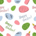 Seamless pattern with happy easter eggs with ornament, candle. Pastel colors blue, pimk, green. Hand drawn vector flat cartoon Royalty Free Stock Photo