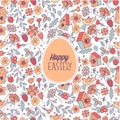 Seamless pattern. happy Easter. Spring flowers, herbs, birdhouses, birds. Cute spring pattern for printing onto fabric, paper for Royalty Free Stock Photo