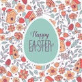 Seamless pattern. happy Easter. Spring flowers, herbs, birdhouses, birds. Cute spring pattern for printing onto fabric, paper for Royalty Free Stock Photo