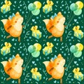 Seamless pattern with happy fox cub with balloons, gifts and other birthday elements. Cute watercolor clipart Royalty Free Stock Photo