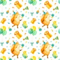 Seamless pattern with happy fox cub with a birthday cap on his head and with a cupcakes,