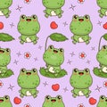 Seamless pattern with happy frogs on purple background. Cute kawaii animal character. Vector illustration. Kids