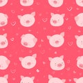 Seamless pattern with happy, funny faces of pigs, against the background of hearts, isolated pink background. Funny
