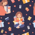 Seamless pattern with happy girls with gifts on dark blue background with hearts and boxes. Vector illustration for Royalty Free Stock Photo