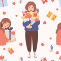 Seamless pattern with happy girls with gifts on white background with hearts and boxes. Vector illustration in flat Royalty Free Stock Photo