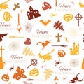 Seamless pattern for happy halloween. Set of vector elements, outlines and silhouettes on a white background for printing Royalty Free Stock Photo