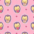 Seamless pattern with happy hedgehogs birthday boy with candy and romantic animal heart on pink background. Vector