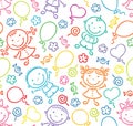 Seamless pattern with happy kids, balloons, sweets and flowers