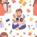 Seamless pattern with happy man and woman with gifts on white background with gift boxes and hearts. Vector illustration