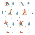 Seamless pattern. Happy New Year. Vector illustration. A set of characters engaged in winter sports and recreation. Royalty Free Stock Photo