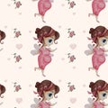 Seamless pattern happy pregnancy. Cute pregnant fairy woman in a pink dress on a gentle pink background with flowers and