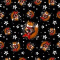 Seamless pattern with happy rock foxes on a black background Royalty Free Stock Photo