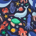 Seamless pattern with happy sea word creatures. Backdrop with underwater fauna or cute ocean animals on dark background Royalty Free Stock Photo