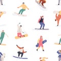 Seamless pattern with happy snowboarders on white background. Endless texture with different people riding snowboards in